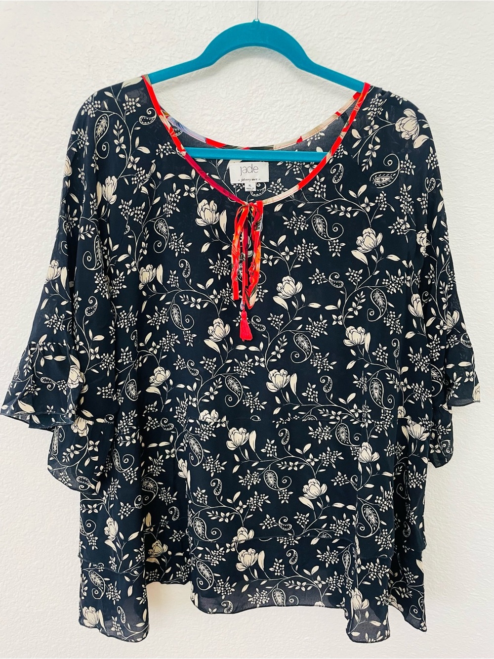Jade Johnny Was Navy Floral Tie-Neck Blouse with Red Trim